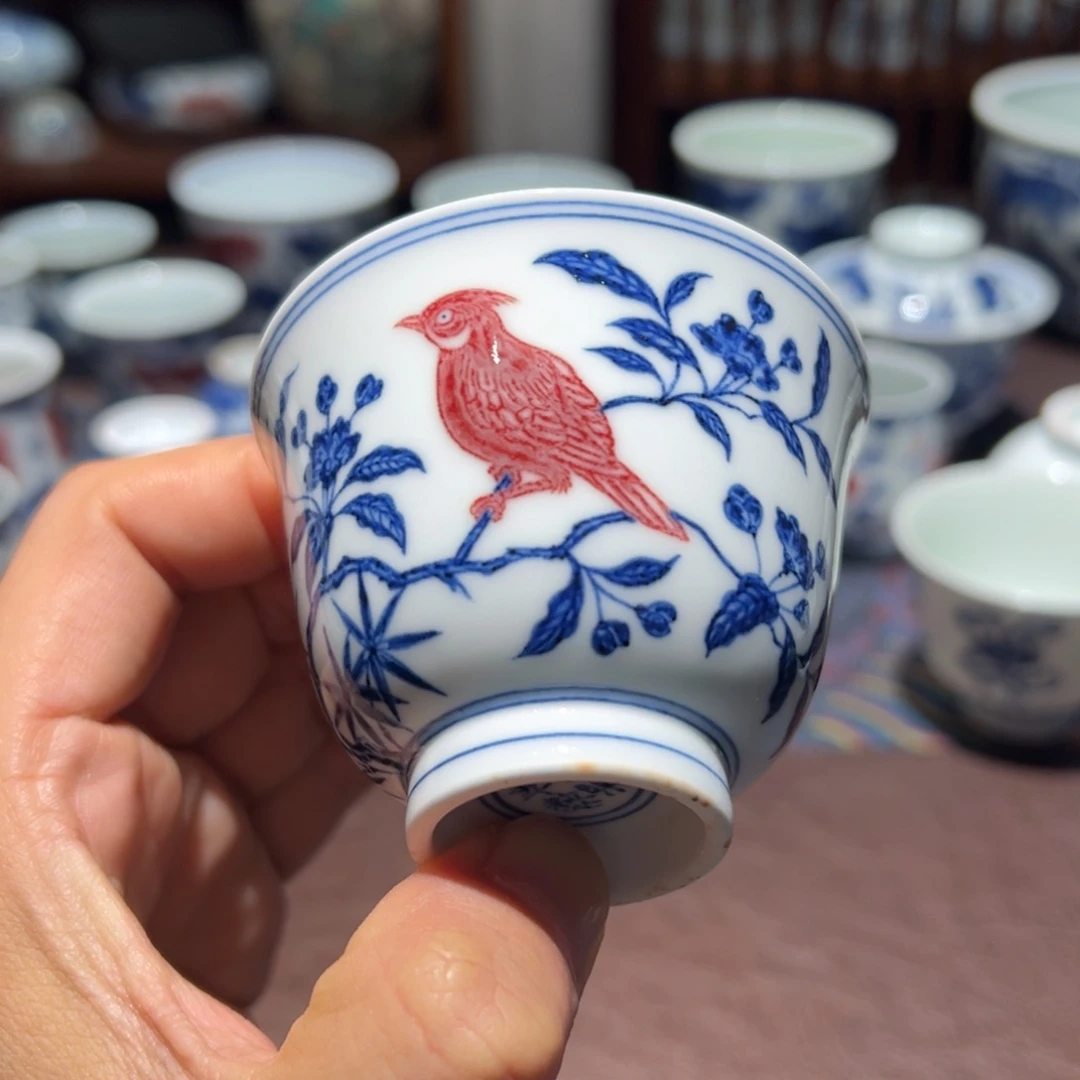 赵***生陶精品青花釉里红花鸟纹铃铛杯口径约7.5厘米
