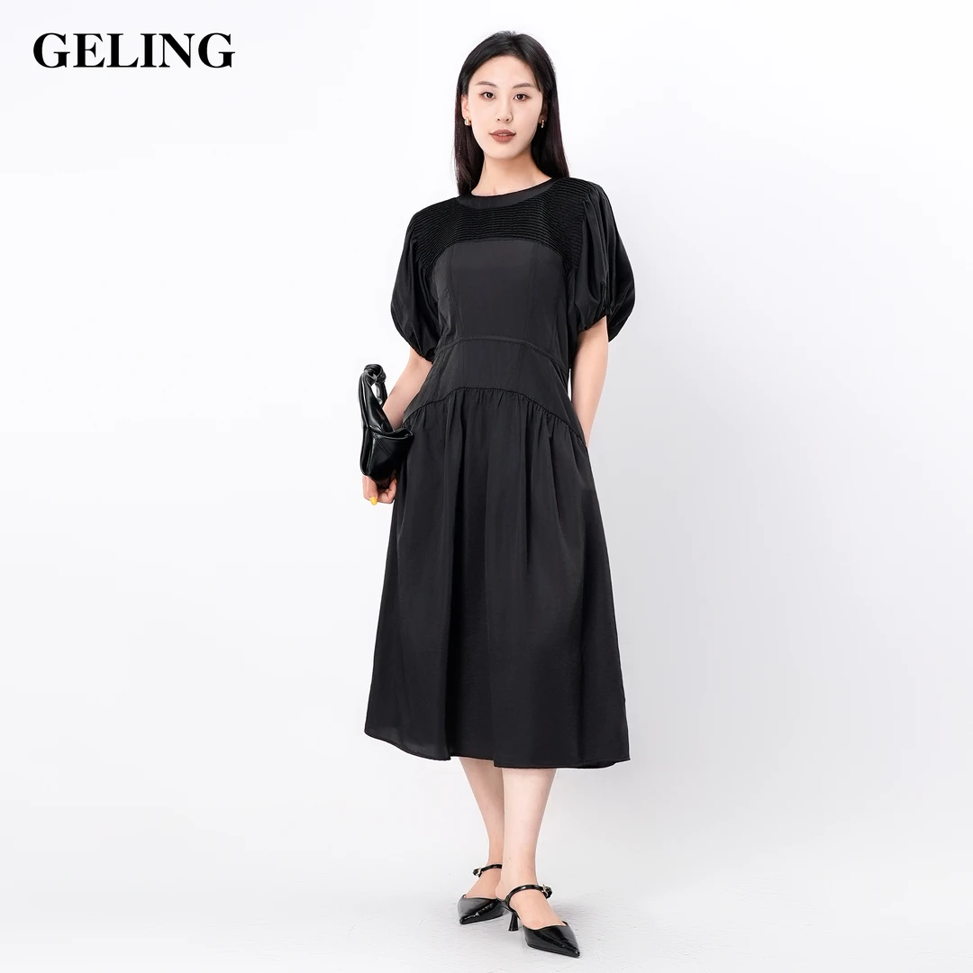 GELING/歌&玲气质夏季显瘦圆领牙签褶分割连衣裙收腰G503W277L