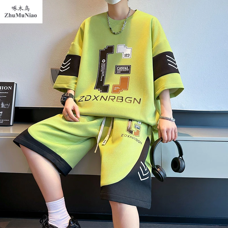 啄木鸟夏季透气青少年华夫格短袖t恤套装男韩版休闲宽松度假学生