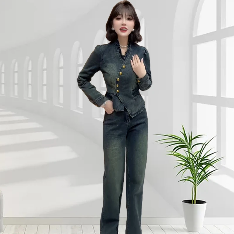 时尚洋气复古牛仔套装6631气质百搭花边领收腰显瘦牛仔上衣+长裤