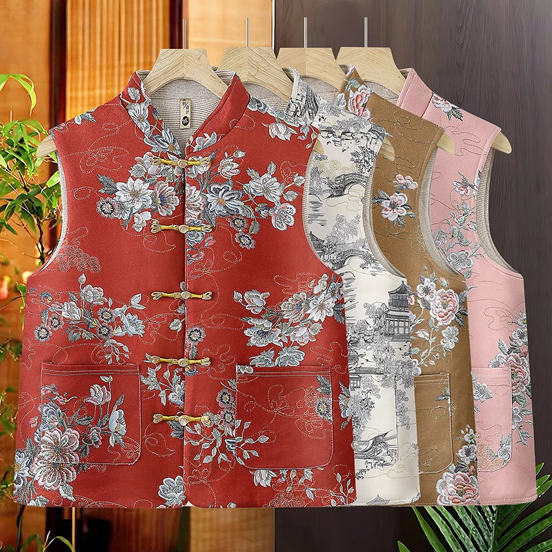 印花马夹女款加绒中式刺绣马甲常规款中国风复古唐装