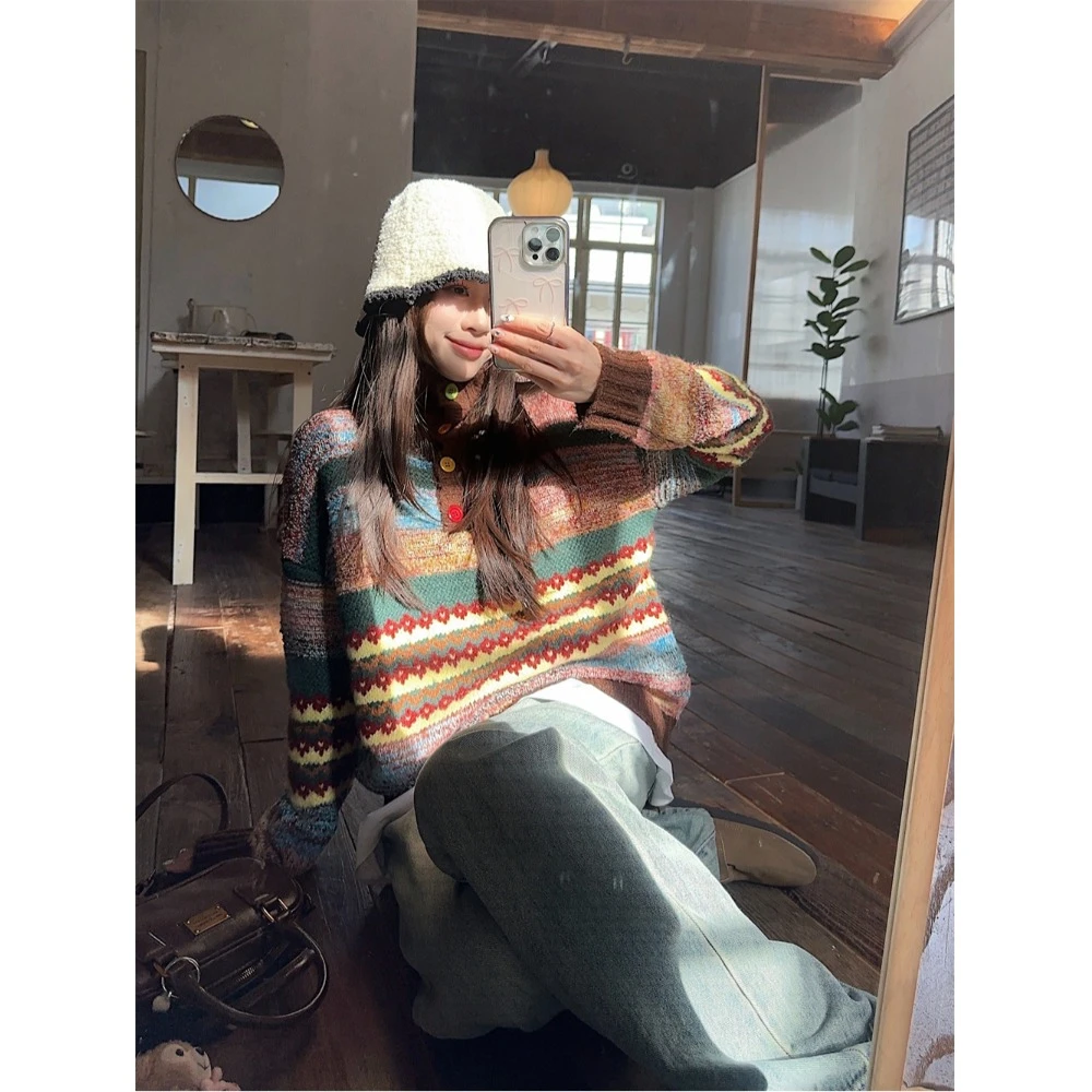 彩色条纹翻领毛衣女冬季加厚设计感长袖减龄修身显瘦针织套头上衣