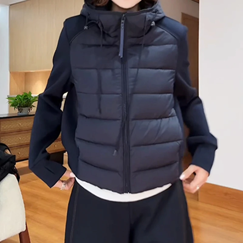 2025秋冬新款撞色保暖棉服女今年流行连帽时尚拼接百搭棉衣外套潮