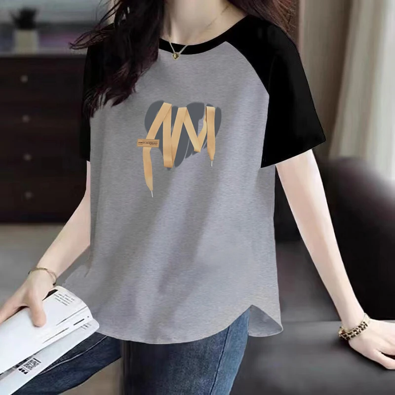 撞色拼接圆领短袖T恤女夏新款100%纯棉圆弧下摆宽松休闲百搭上衣