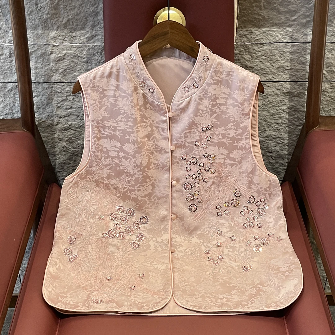 【辰薇】2025新款春季马甲新中式宽松立领亮片绣花气质上衣马夹女款