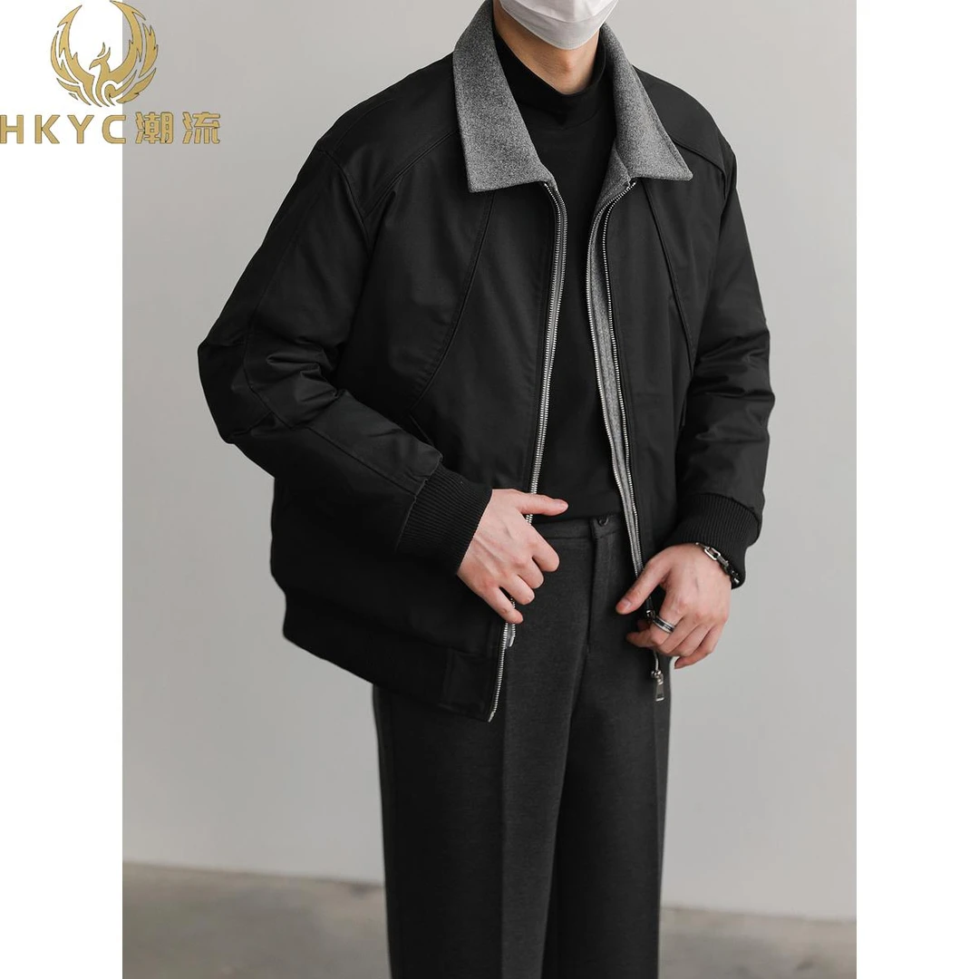 HKYC设计感假两件拼接毛呢夹克外套 男冬季痞帅加厚保暖羽绒服