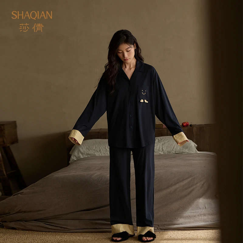 莎倩新款女士睡衣2025年春秋季柔软纯棉开衫休闲可外穿家居服套装