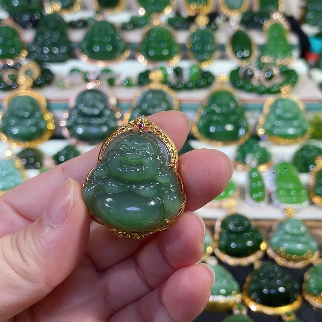 和田玉（碧玉）18K金镶嵌颈饰猫眼佛公30