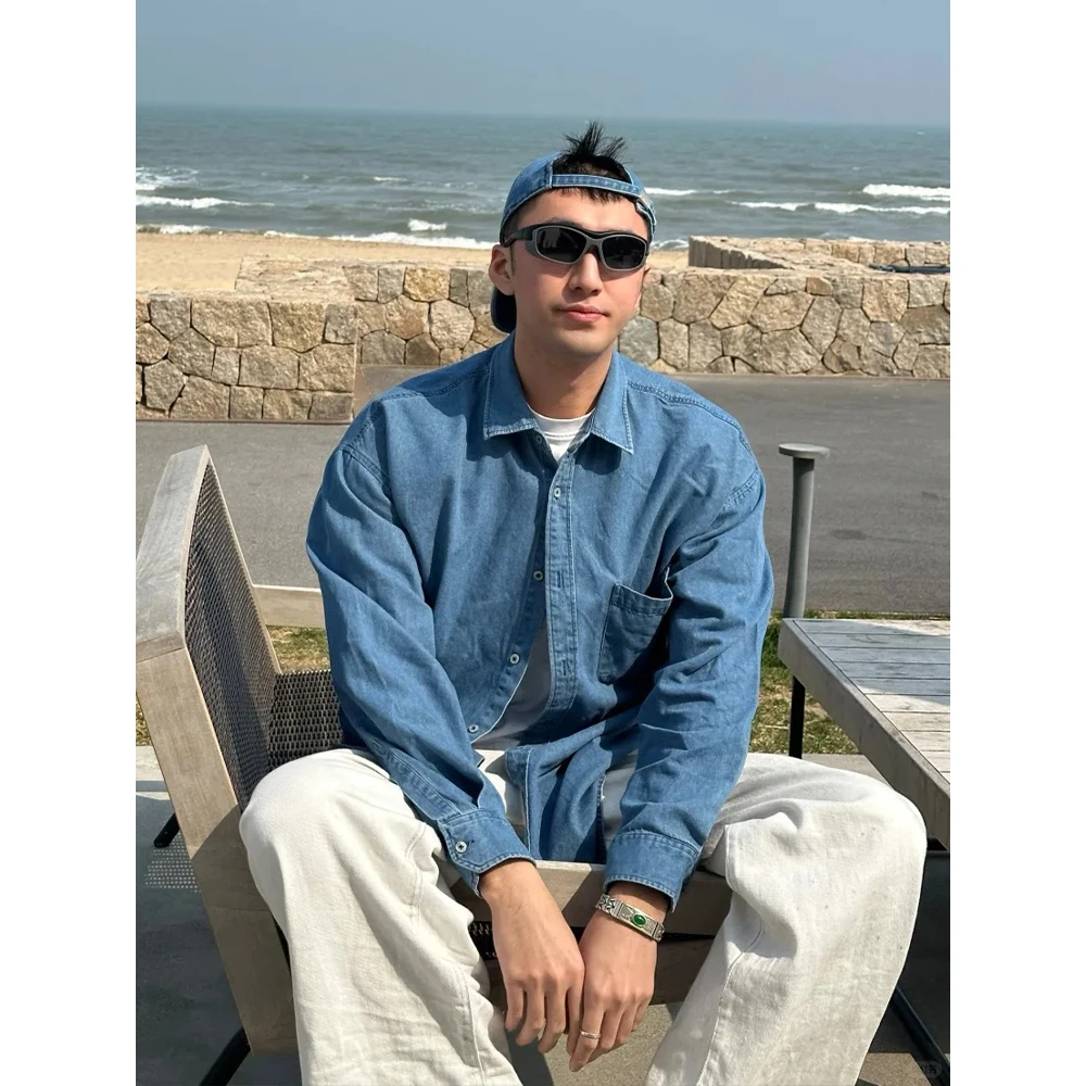 痞帅高级感蓝色翻领牛仔衬衫上衣男韩系穿搭潮流宽松休闲衬衣外套