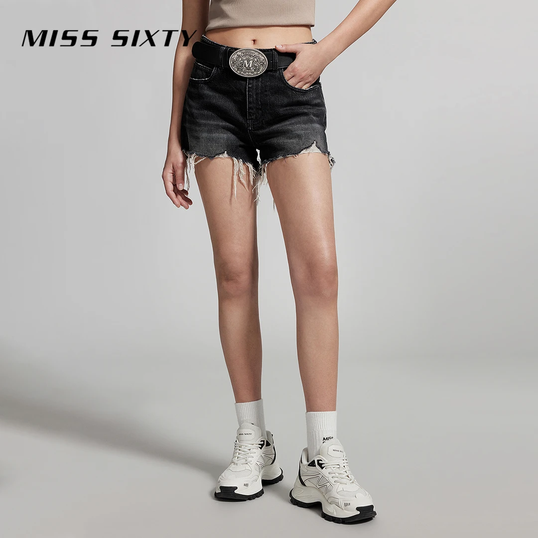Miss Sixty夏季新款牛仔短裤女复古磨破烂设计高腰显瘦黑灰色