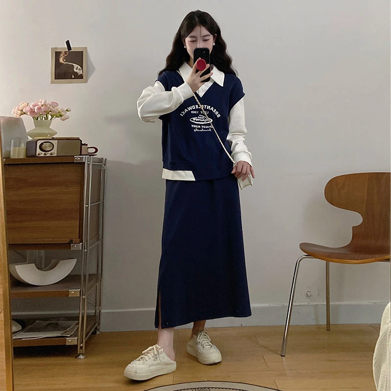大码秋冬2025新款胖mm假两件洋气上衣半裙显瘦两件套