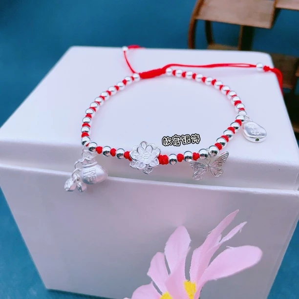 足银脚链 足银999弯管竹节铃铛蝴蝶莲花时尚简约手编脚链纯手工