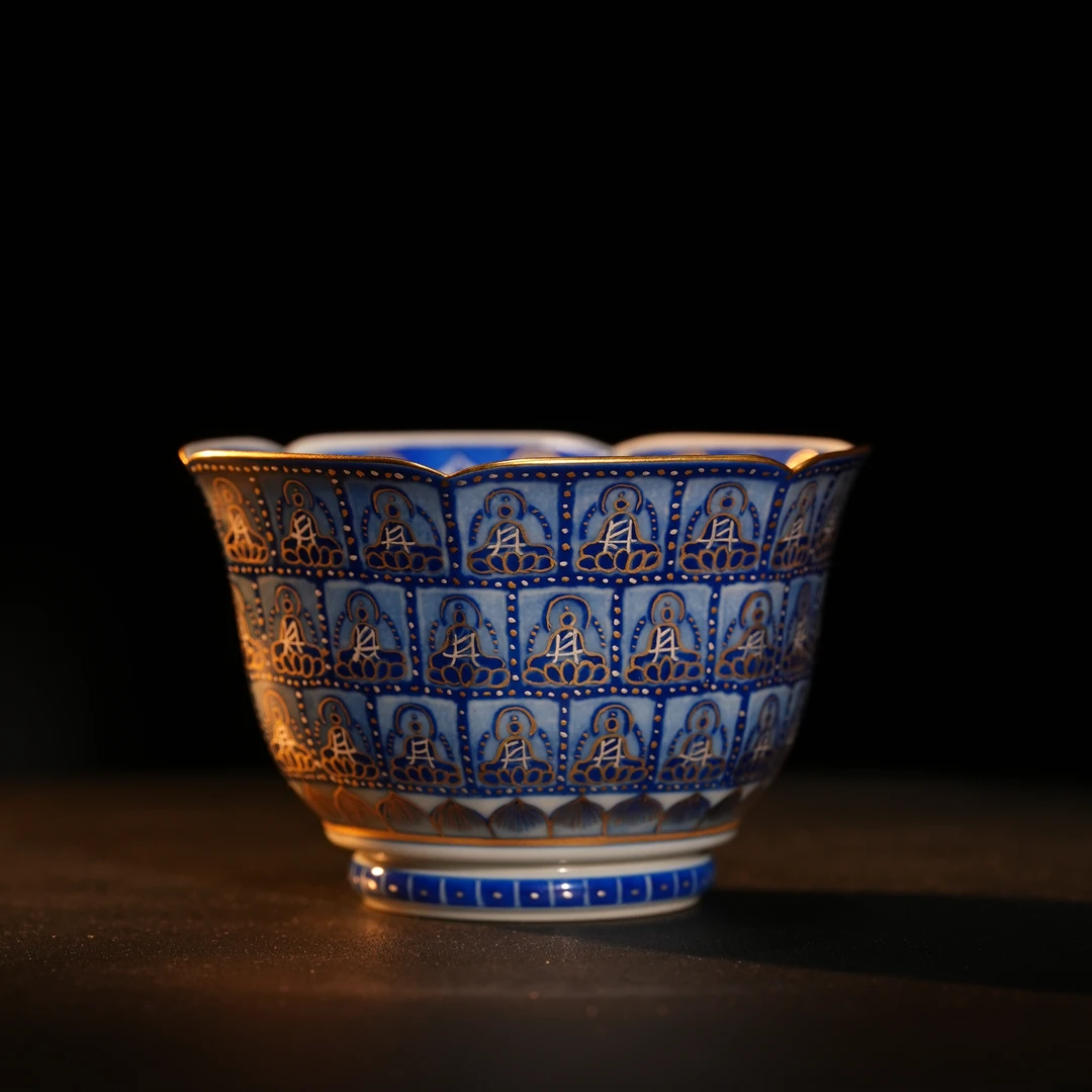 【景德詺兮】敦煌·金地青花拓千佛六方杯MX2067
