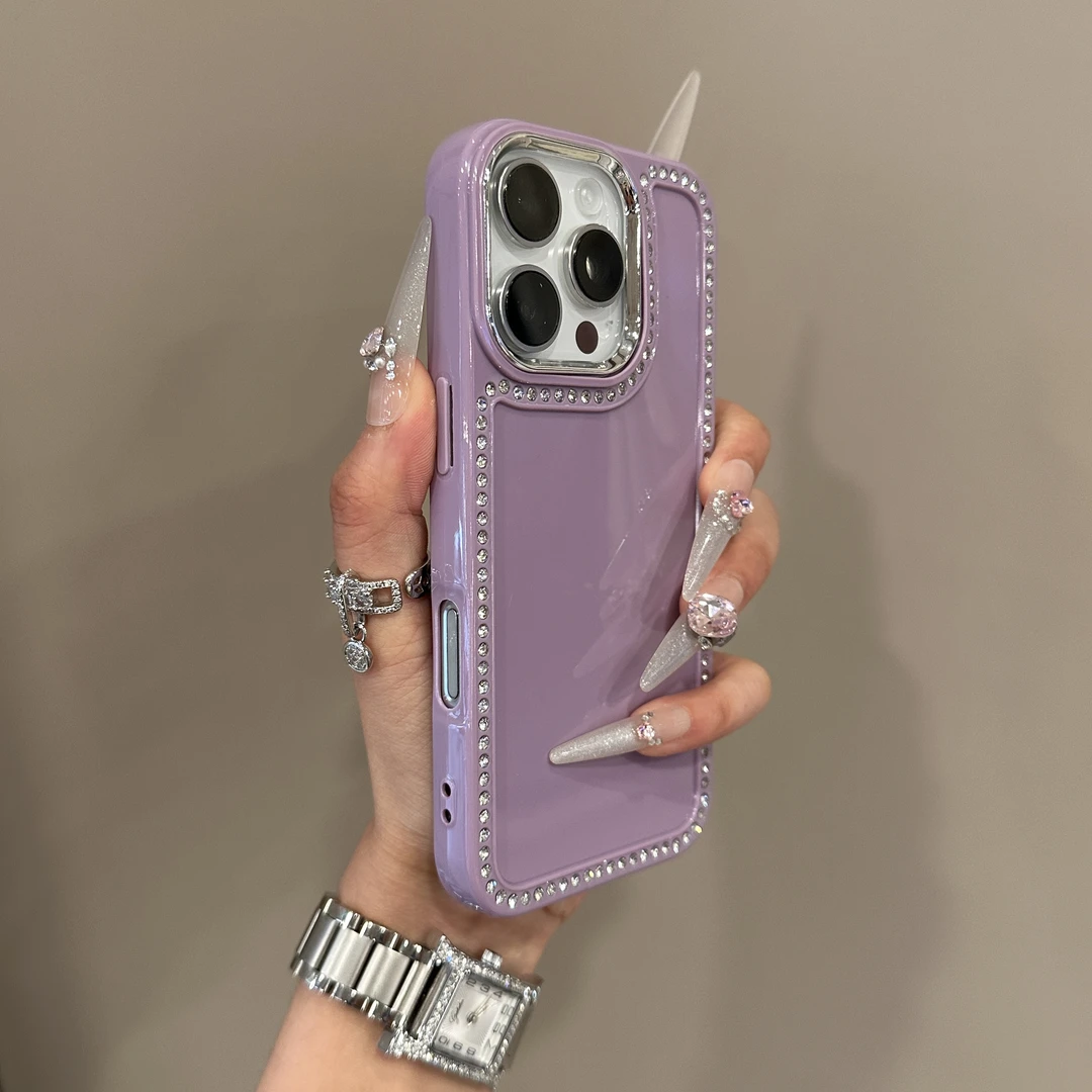 小众纯色镶钻边软硅胶适用iPhone16pro手机壳15promax情侣14防摔