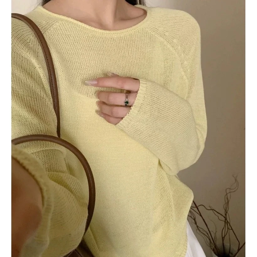 早春新款长袖针织衫薄款纯色内搭打底衫时尚百搭春夏防晒罩衫上衣