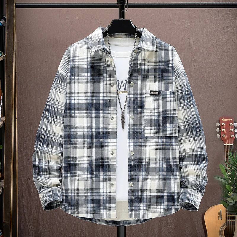 春秋新款休闲百搭简约长袖开衫衬衣男士美式潮流宽松格子翻领衬衫