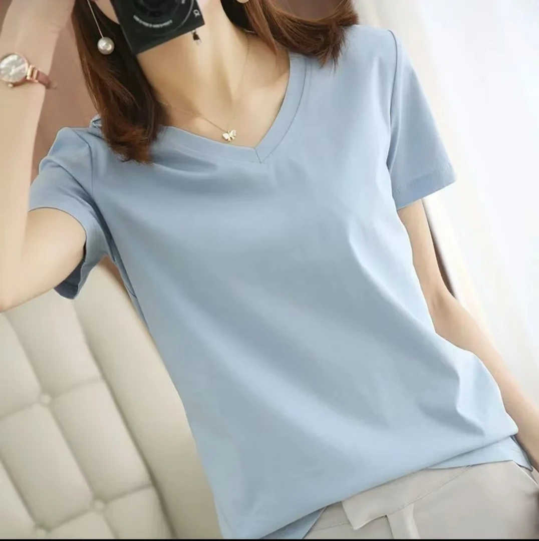 高品质气质V领显瘦减龄短袖t恤2025夏新款宽松百搭女生上衣
