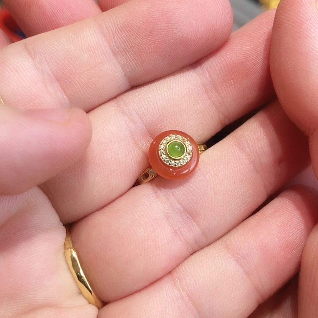 玛瑙/玉髓银S925镀金镶嵌戒指