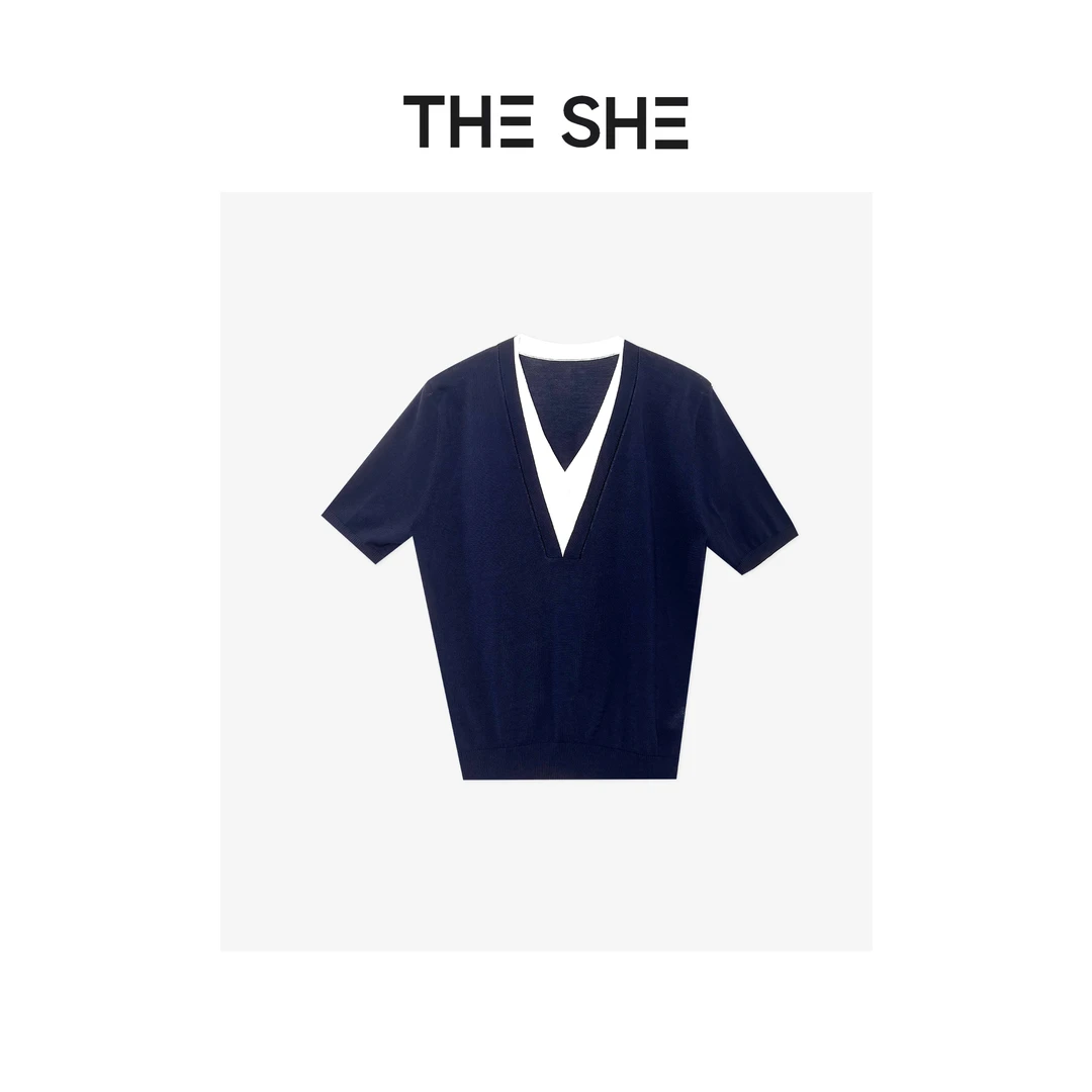 【LI·LI】藏青假两件针织上衣   极简小众设计感夏季新款上衣