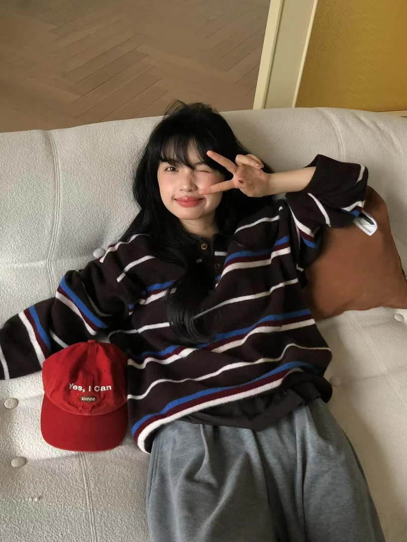 秋冬新款100%纯羊毛针织衫女宽松翻领条纹半开襟扣羊毛长袖打底衫