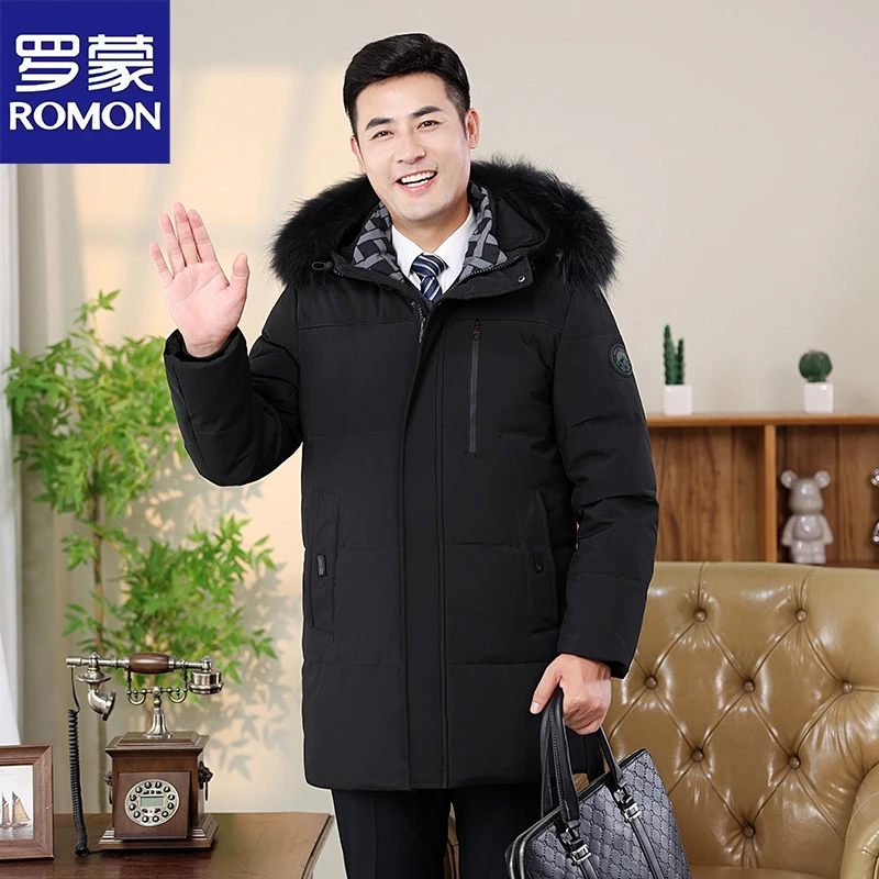 Romon/罗蒙男士长款羽服男爸爸装冬季过膝羽丝加厚大码连帽外套男