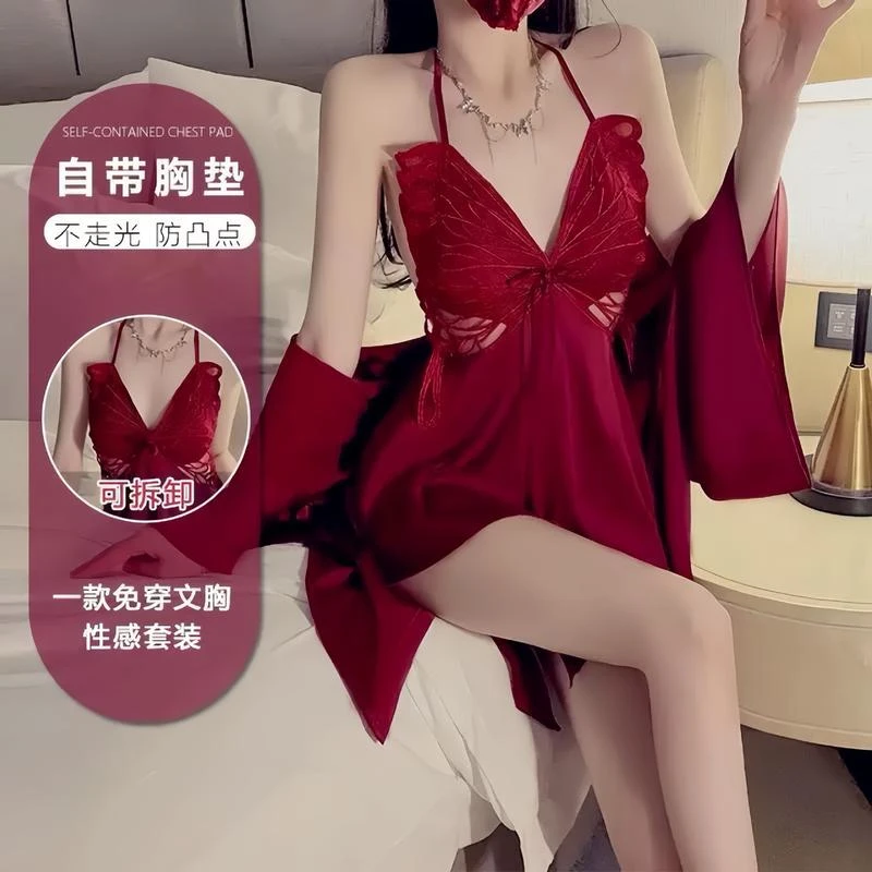 纯欲显瘦透视性感吊带蝴蝶情调睡裙美背薄纱睡衣小胸显大