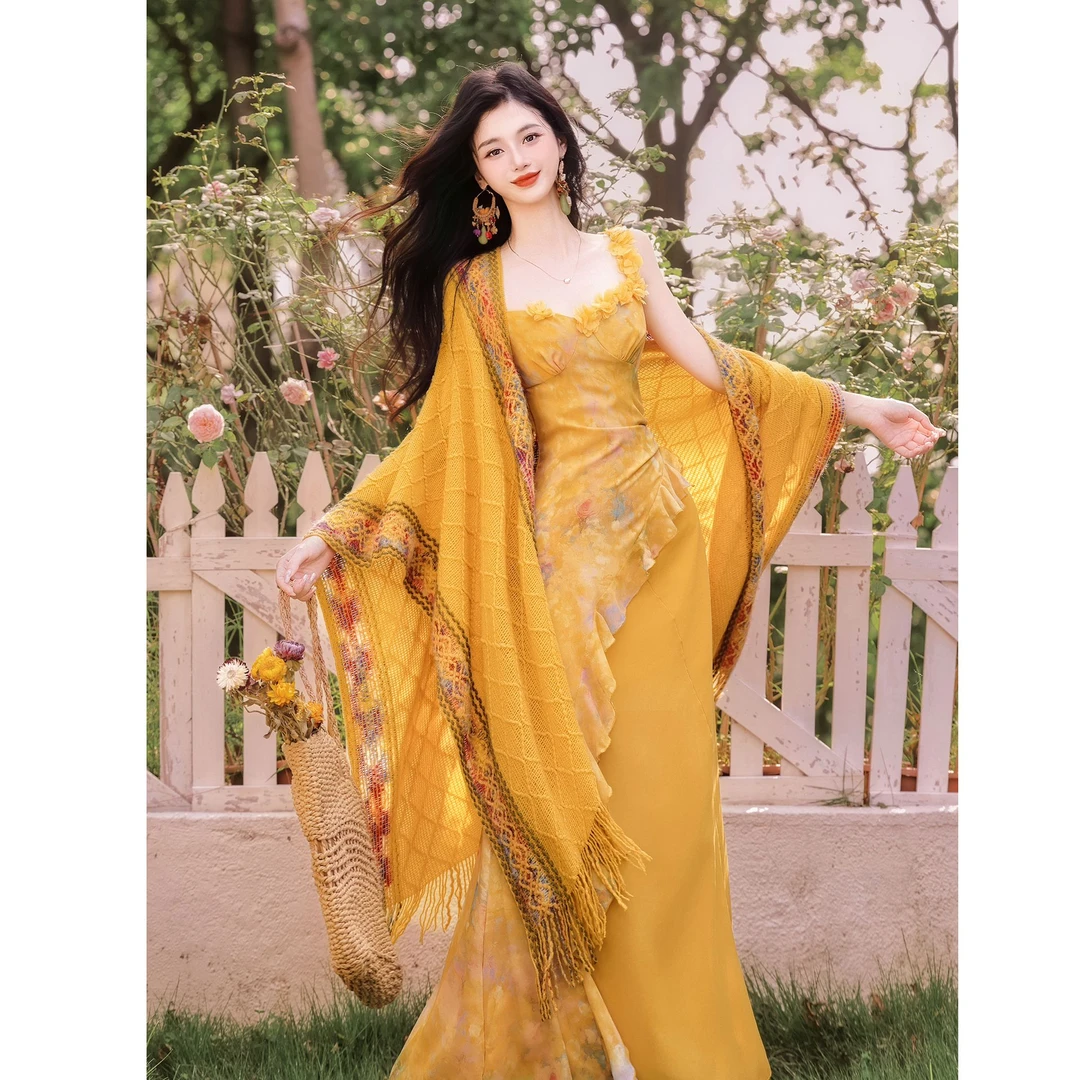 南法度假风连衣裙夏季新款女今年流行漂亮套装裙海边旅游套装裙