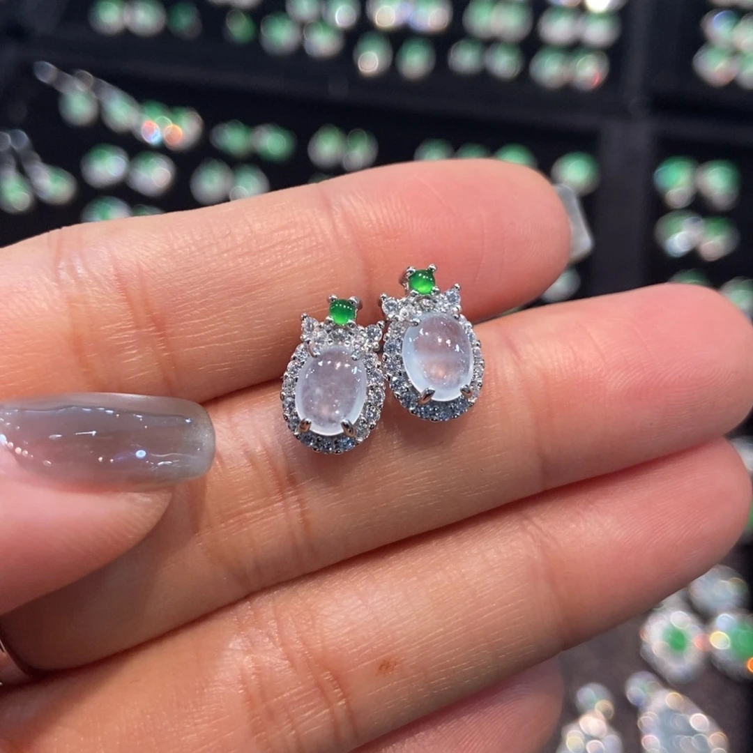 翡翠银S925镶嵌耳饰天然缅甸