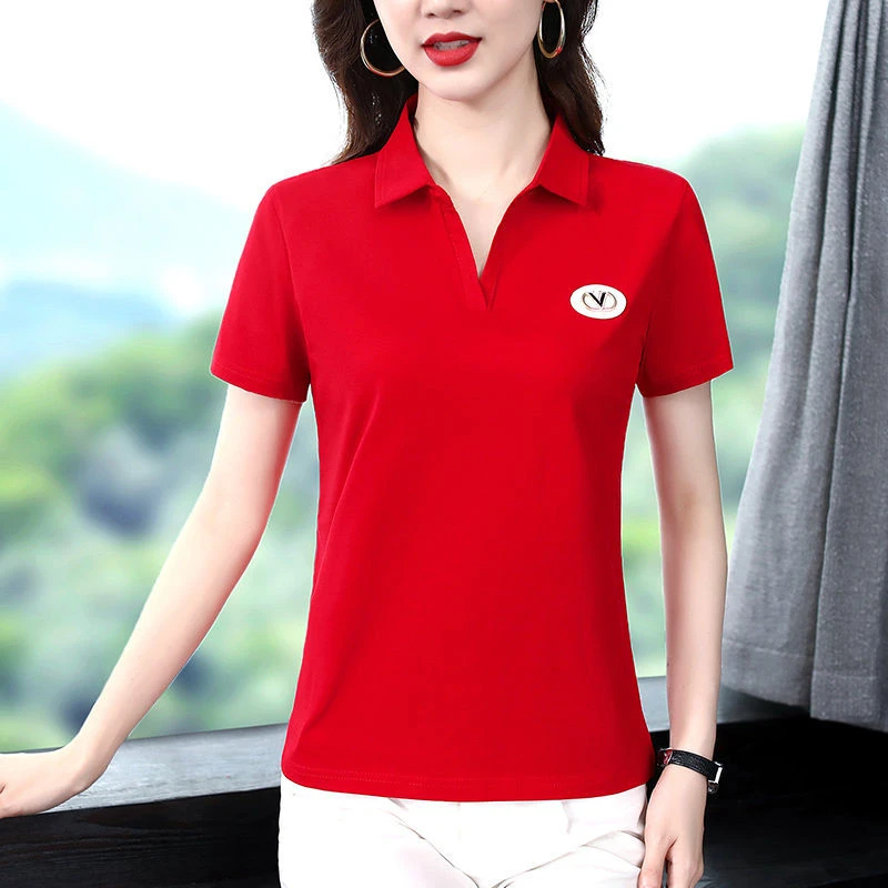 A9红色夏季新款短袖T恤女韩版修身休闲女装纯色翻领polo衫半袖女