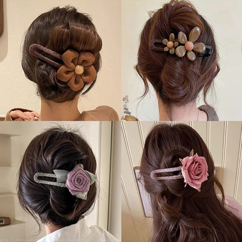 花朵鸭嘴夹发夹女2025新款后脑勺抓夹高级感一字夹子法式针织抓夹