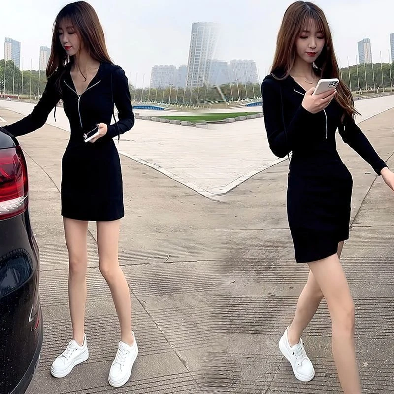 秋季显瘦收腰裙子秋装小个子网红辣妹包臀裙长袖连衣裙新款女