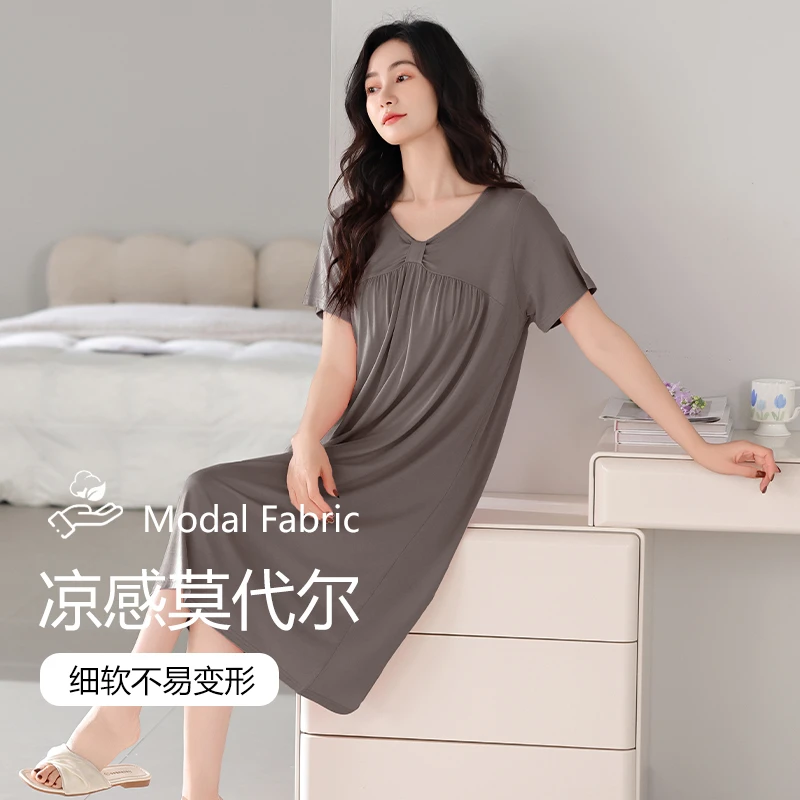 莫代尔睡裙女款夏季带胸垫短袖高级感冰丝薄款妈妈夏天睡衣家居服