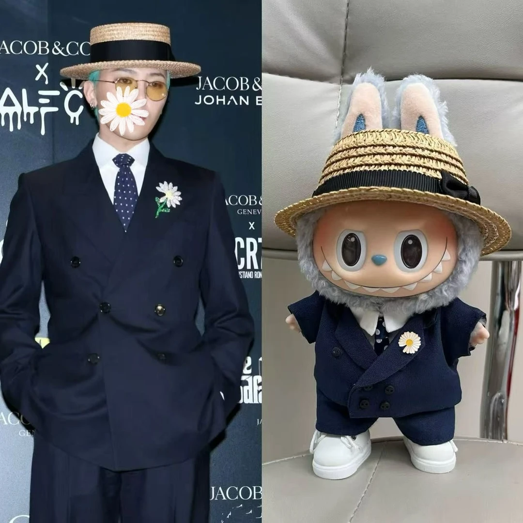 权志龙GD藏青色西装草帽拉布布小雏菊labubu娃衣17cm搭配黑白鞋子
