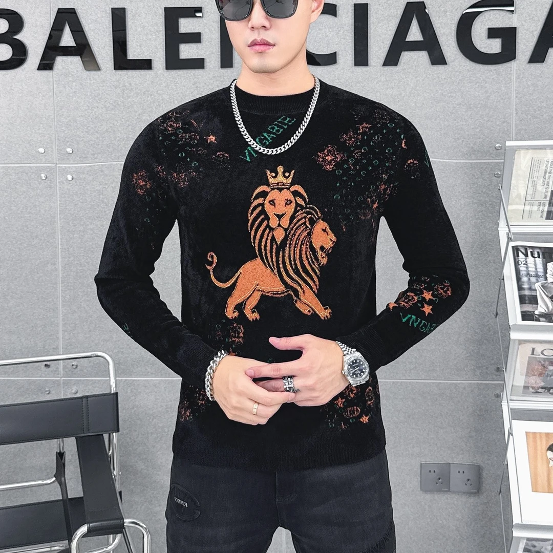 秋冬新款休闲时尚双狮提花男士针织衫帅气修身潮流百搭厚款毛衣