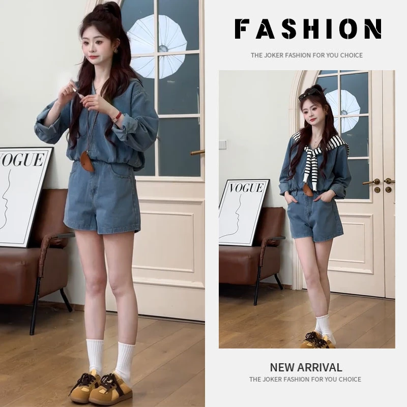 早春一整套女装2025新款韩版连帽简约牛仔上衣高腰阔腿短裤两件套