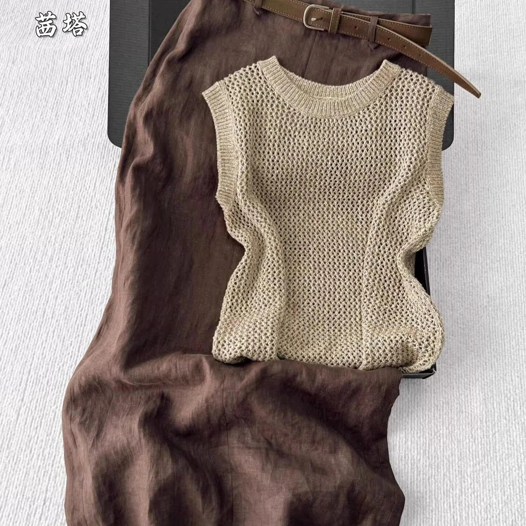 2025夏日新款漂亮老钱风轻熟小众不撞款咖色针织上衣两件套装裙女