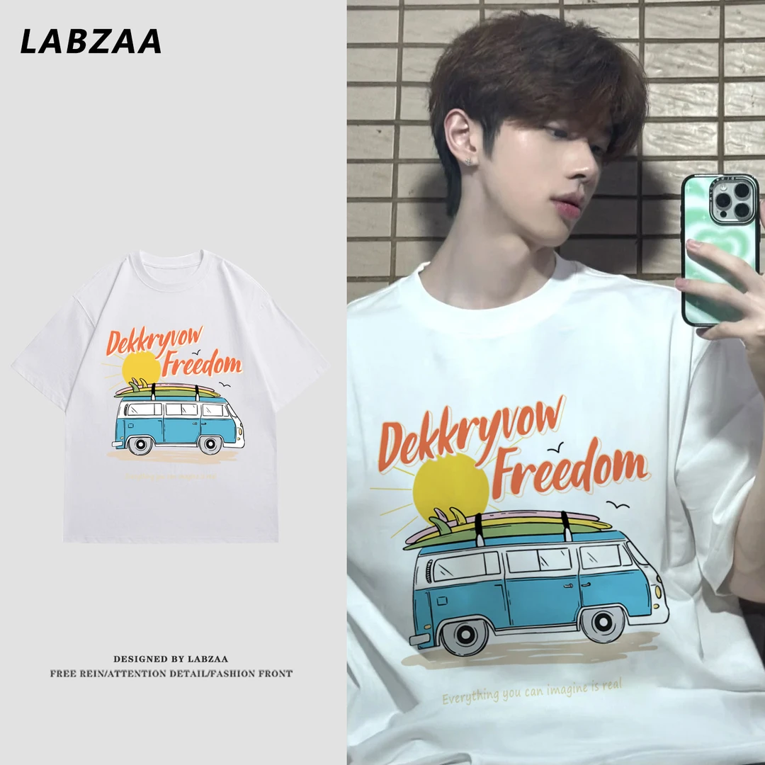 100%纯棉美式设计感汽车字母印花短袖T恤男女夏季休闲情侣款上衣