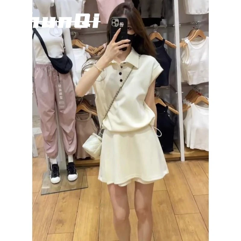 淳启独特绝美一整套奶系甜美减龄下摆抽绳短袖上衣高腰裤裙两件套