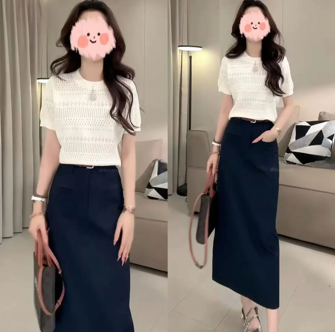 洋气休闲装2025夏季镂空针织短袖上衣修身百搭半身裙显瘦气质套装
