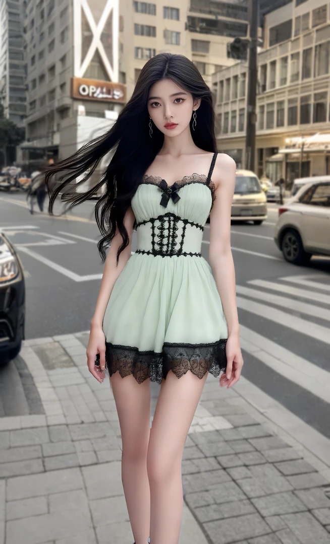 新款性感纯欲辣妹风薄荷绿桃心领蕾丝吊带收腰连衣裙女小众设计