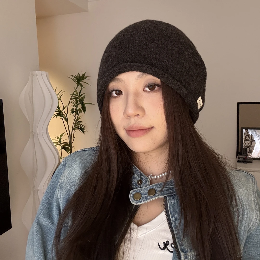 284大头日系纯色针织堆堆帽套头帽后绑带可调节
