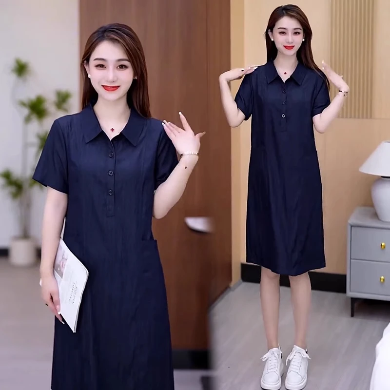 中长款洋气静奢风纯色翻领宽松夏季极简风polo连衣裙夏装休闲裙子