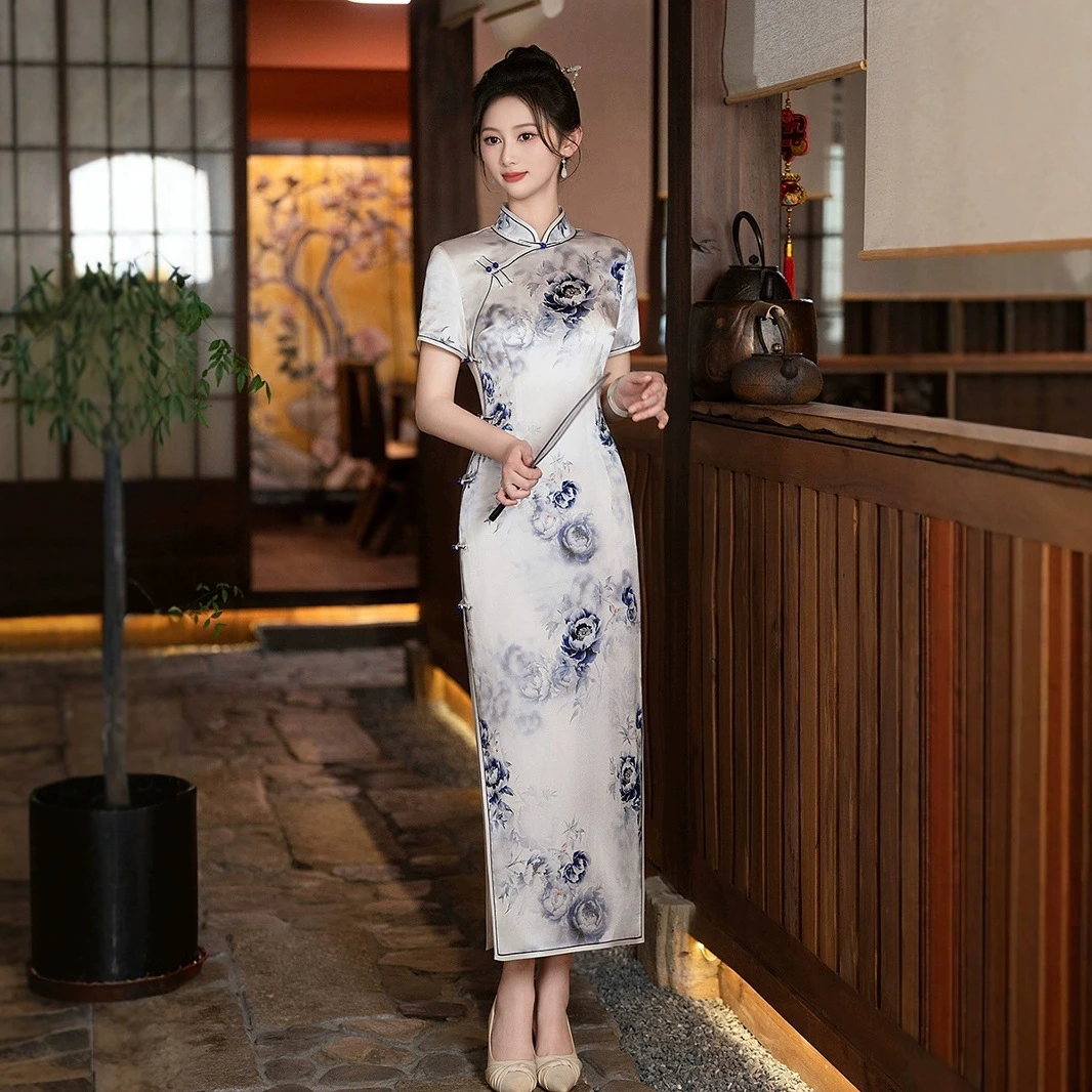 L399乳白色桑蚕丝牡丹国风新中式年轻款显瘦旗袍连衣裙春夏