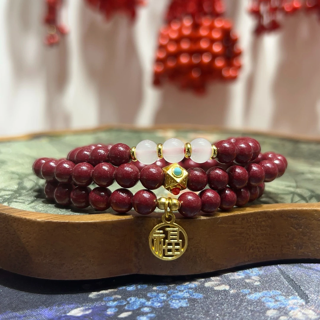 含辰砂工艺品真品紫金砂正品朱砂手串紫金砂三圈福牌6mm手链