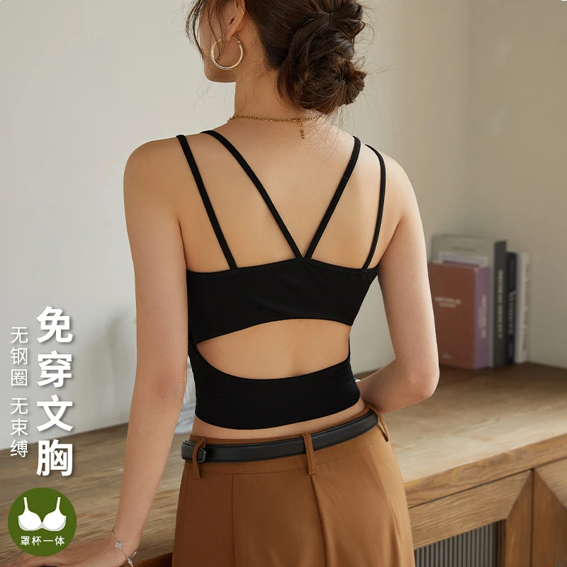 露背甜辣复古美式女美背交叉背心吊带外穿内搭带胸垫文胸一体上衣