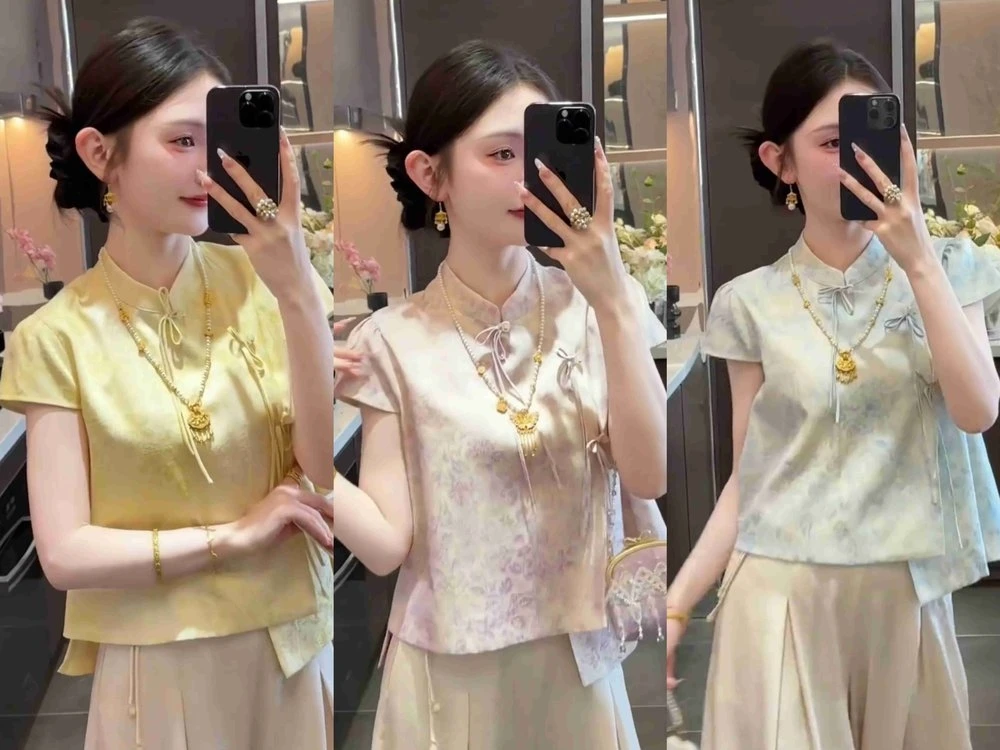 新中式文艺圆领夏季常规衬衫T恤民族风显瘦中国风提花复古上衣