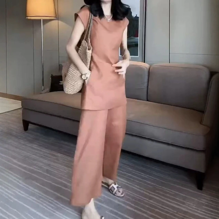 欧货休闲套装女2025年夏季新款气质百搭纯色砍袖开叉上衣+阔腿裤