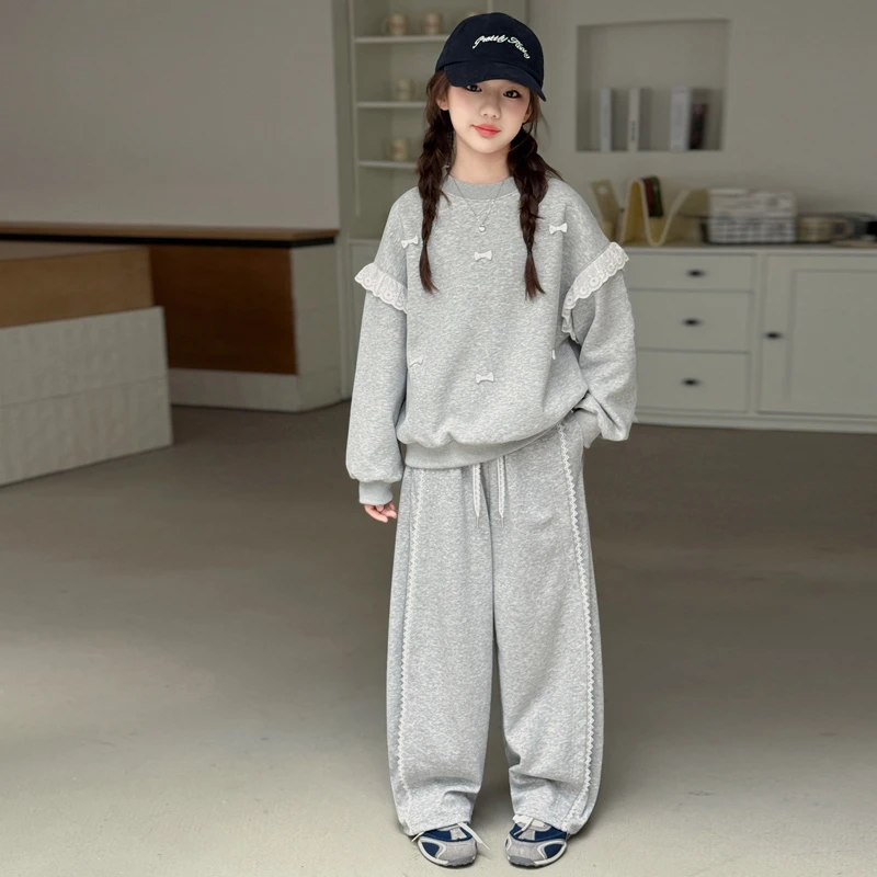 女童秋装套装时尚甜美花边蝴蝶结儿童洋气两件套8-15岁中大童童装