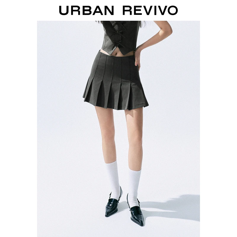UR2025秋季新款女装简约格雷系学院风百褶A字半裙UYV550020