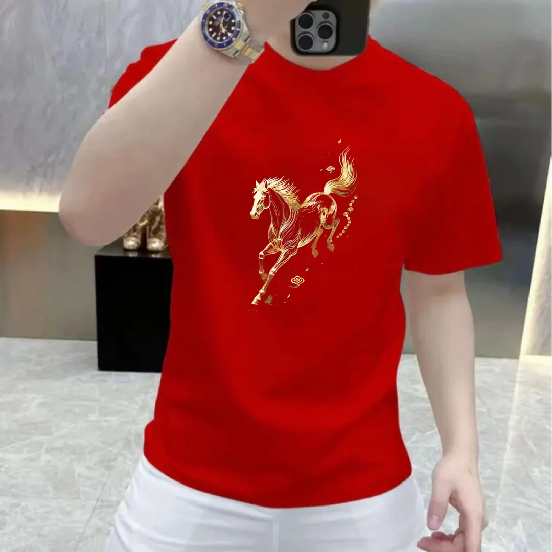 男士红色纯棉短袖T恤国潮时尚休闲百搭潮流修身圆领马年印花上衣